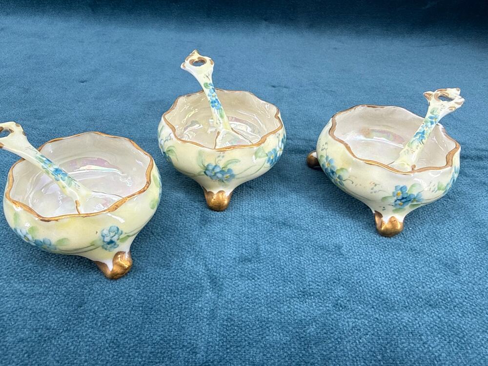 Belleek Victorian Edwardian Blue Floral Irish Porcelain Salt Cellars Spoons